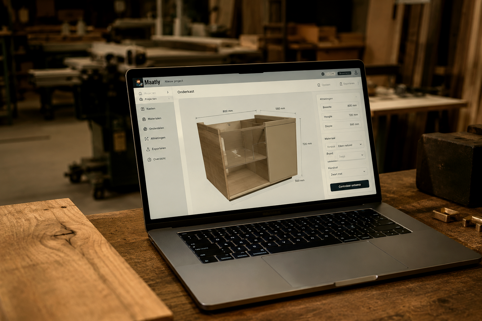 Laptop met Maatly-configurator op een werkbank in de werkplaats