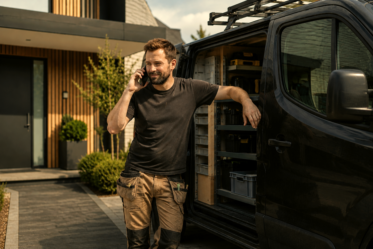 Interieurbouwer aan de telefoon bij zijn bestelbus